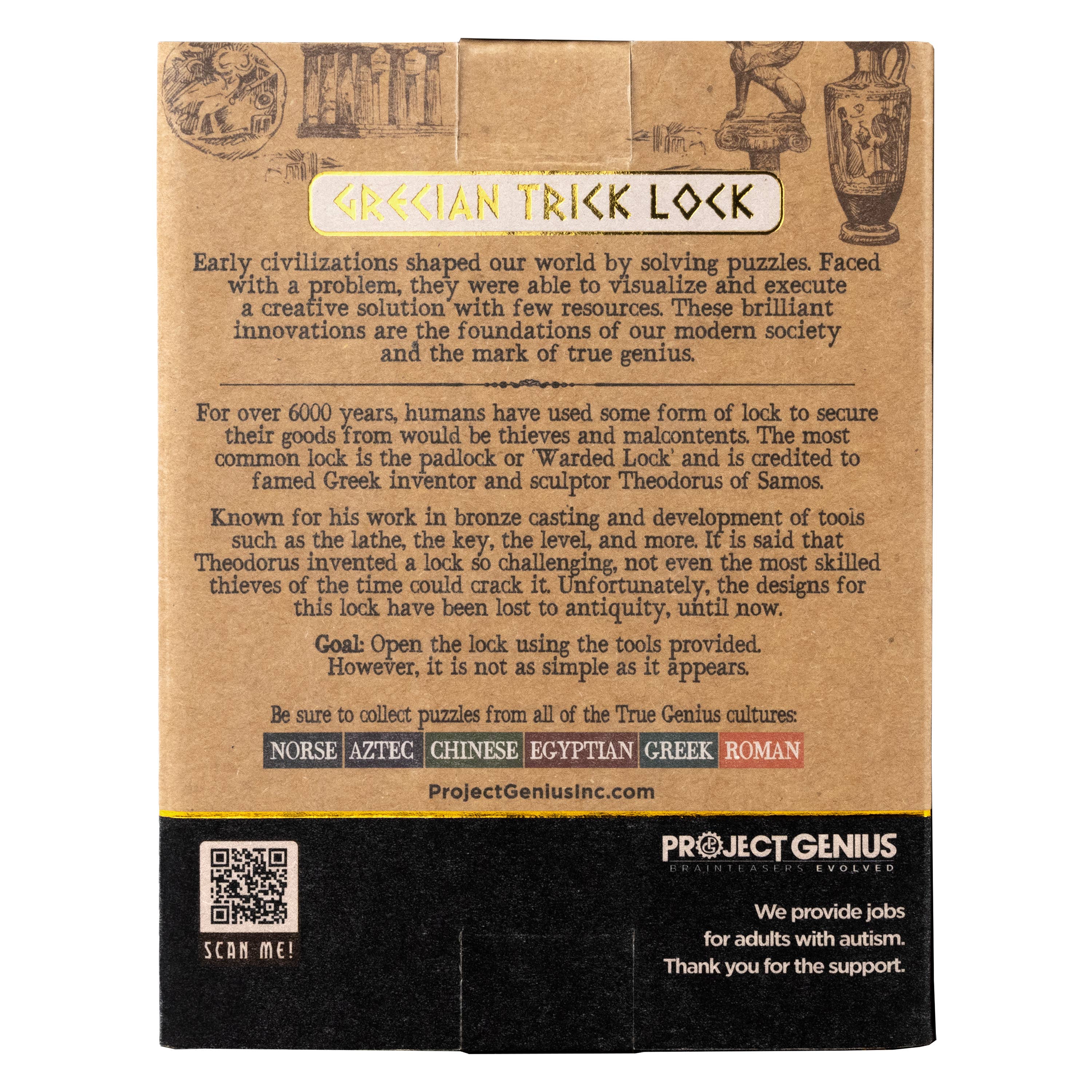 Back of True Genius Greek Trick Lock Puzzle box showing Theodorus of Samos and warded lock historical information.