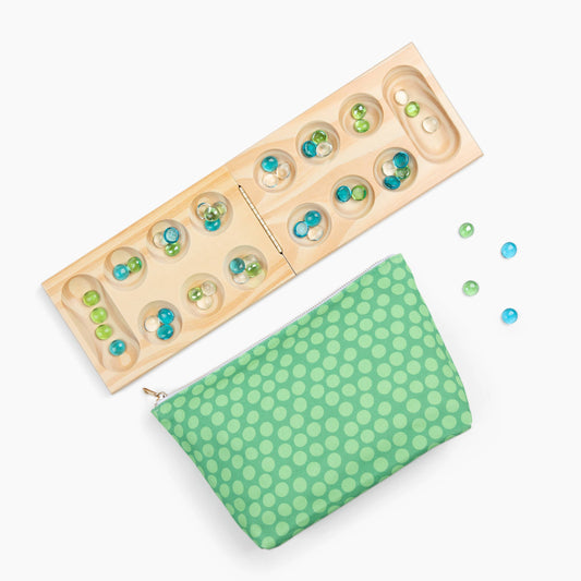 Canvas Classics Mancala with folding wooden board, blue-green marbles, and green polka dot zippered pouch.