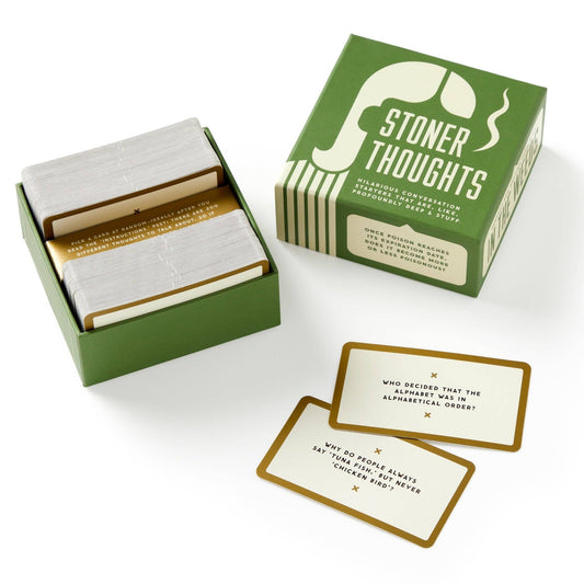 Brass Monkey Stoner Thoughts card game in a green box with conversation starter cards.