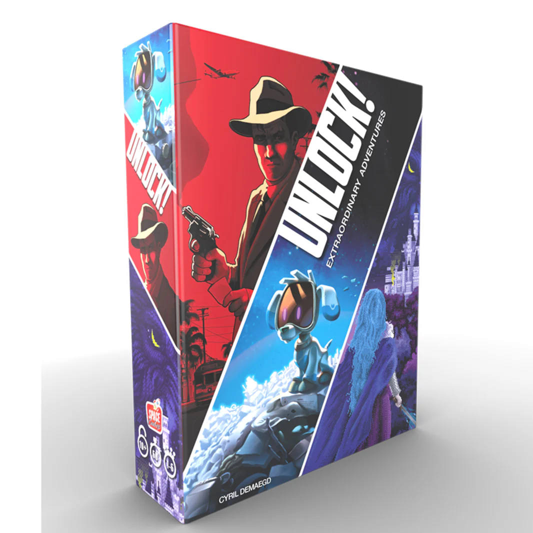 Unlock Extraordinary Adventures game box with red and blue artwork, detective, and robot illustrations.