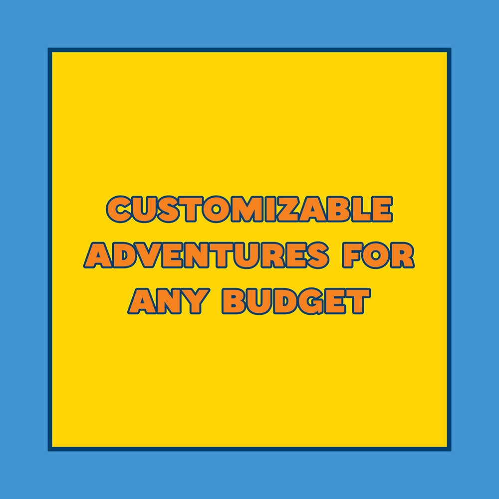 Adventure Dice customizable dice set in yellow packaging with product name on blue background.