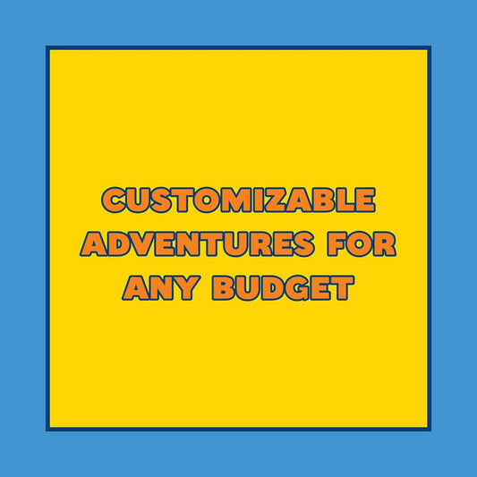 Adventure Dice customizable dice set in yellow packaging with product name on blue background.