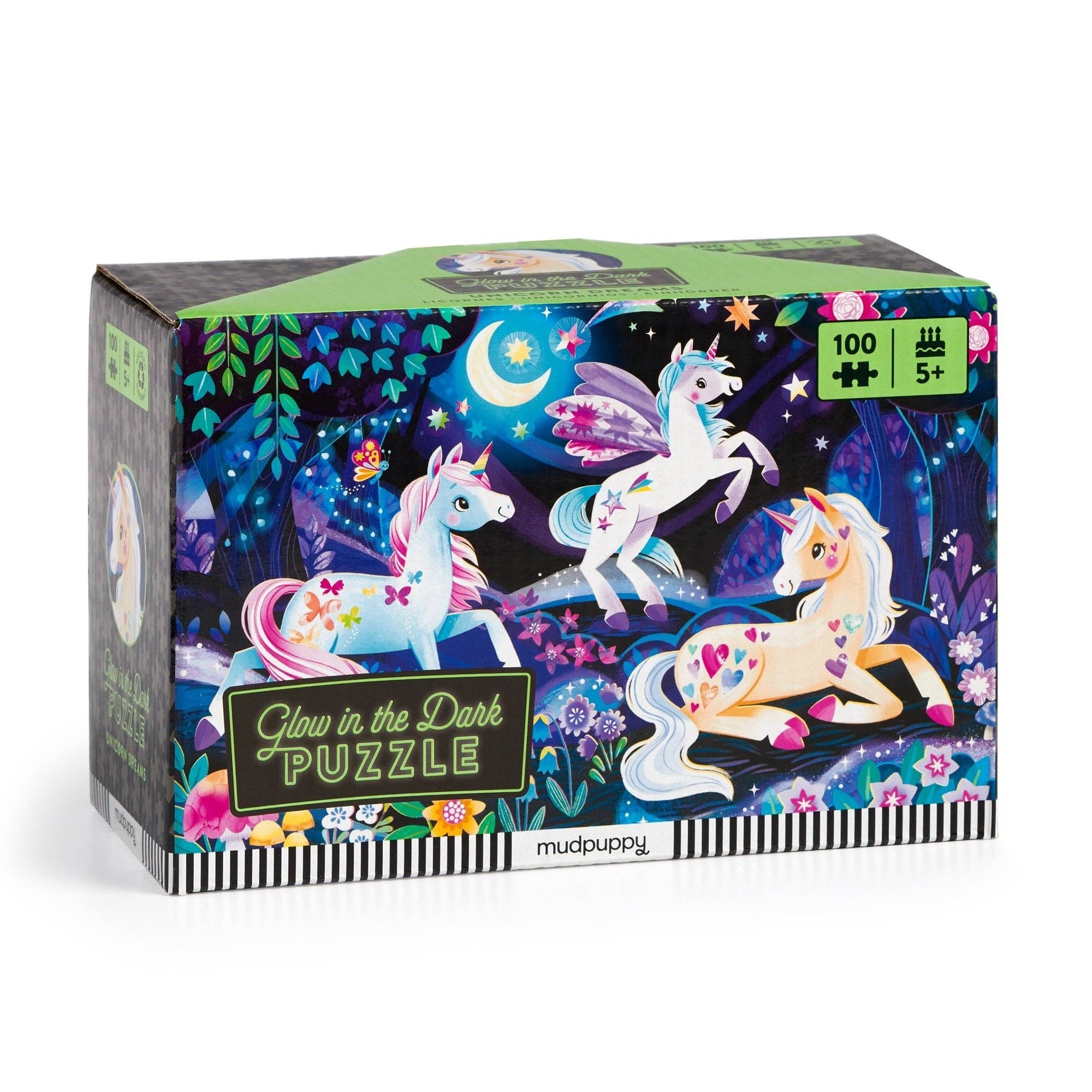 Unicorn Dreams 100-piece glow-in-the-dark puzzle featuring unicorns, stars, and moon; for ages 5 and up.