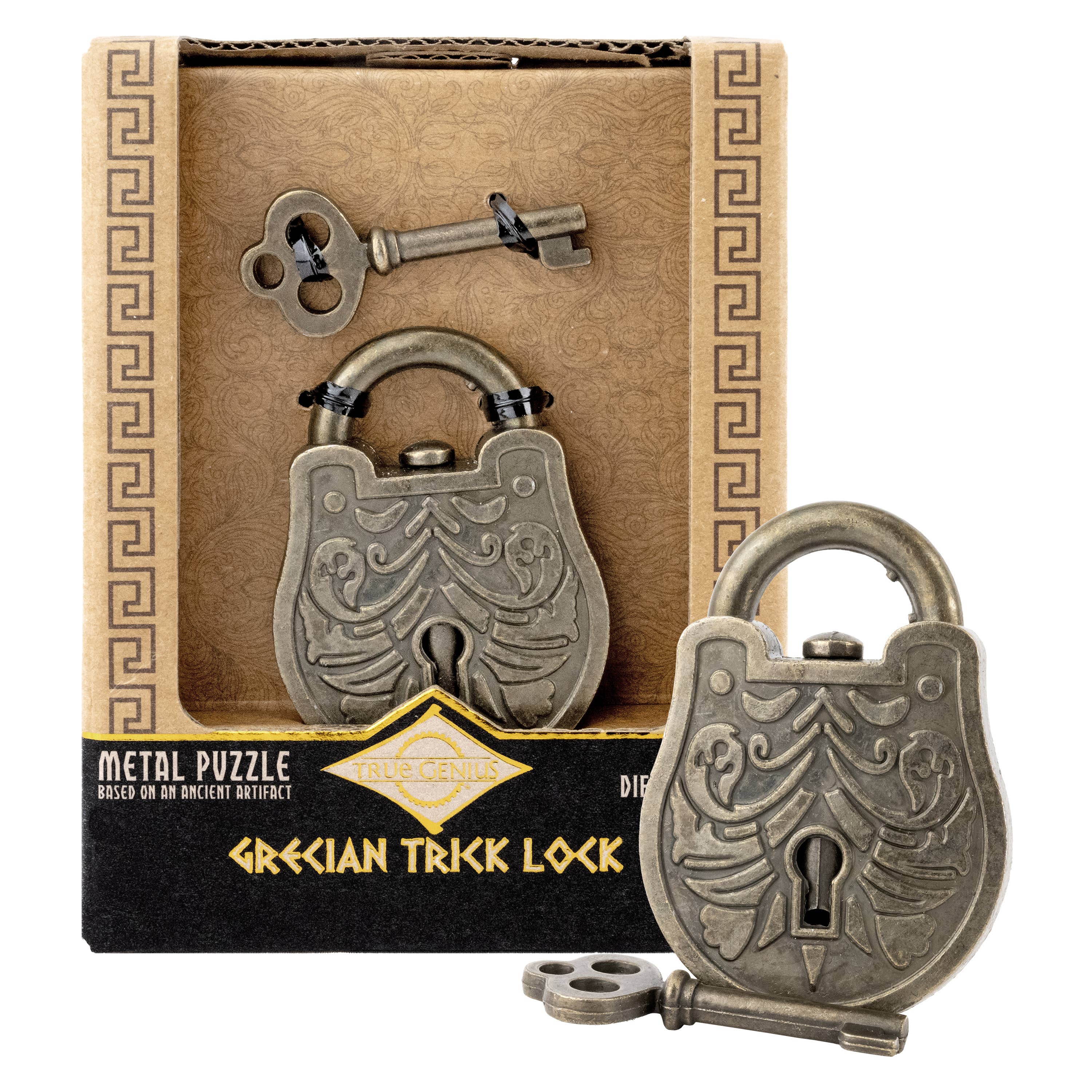 Bronze Grecian-style trick lock puzzle with ornate design and two matching keys.