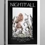 Nightfall: A Miniatures Adventure Game book cover featuring an egg, birds, white flowers, and a dark background.