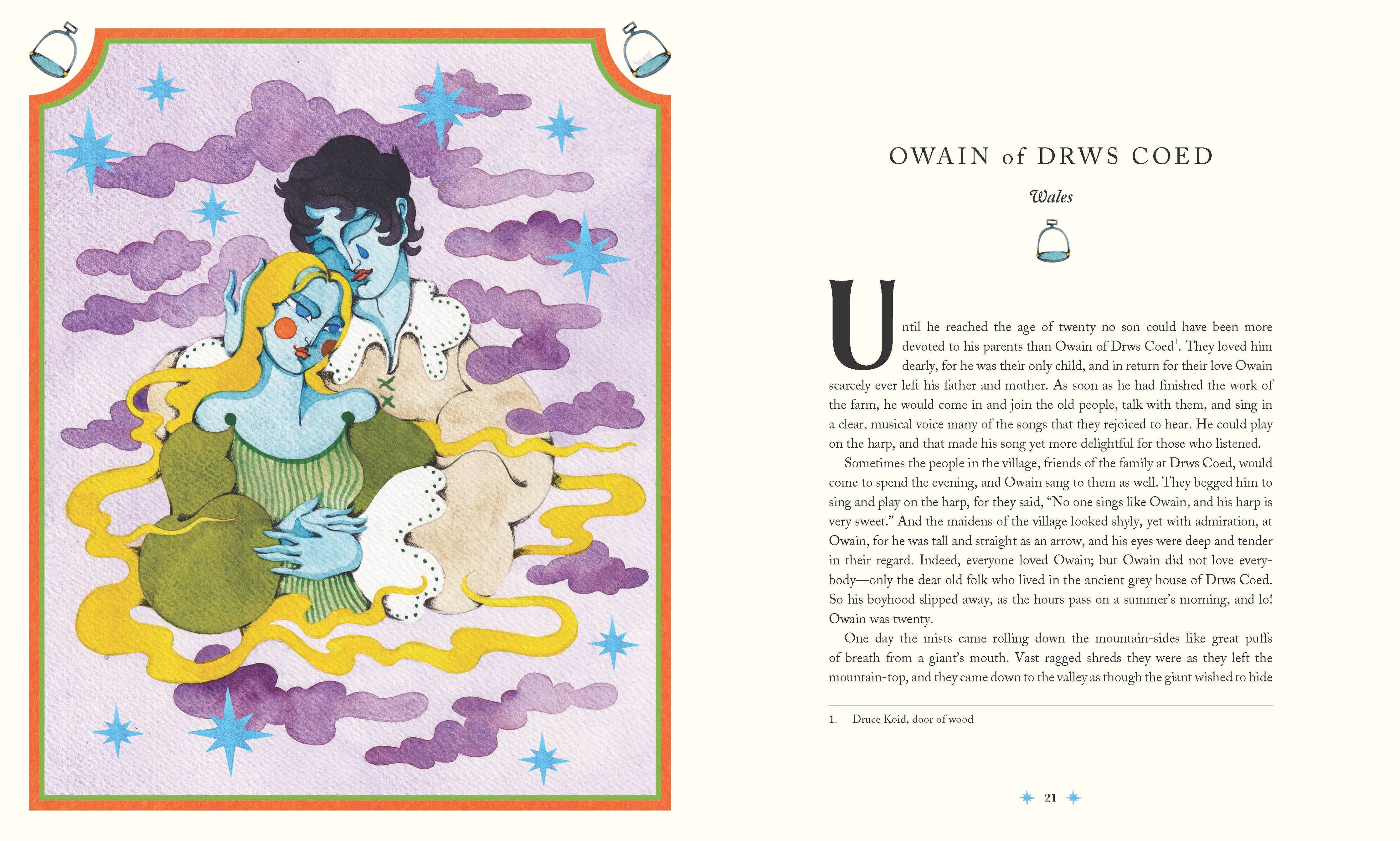Tales of the Fae product with text about Owain and illustration of two people embracing under purple clouds.