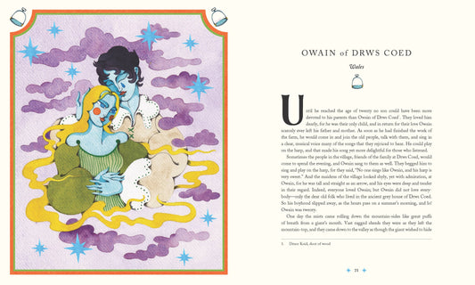 Tales of the Fae product with text about Owain and illustration of two people embracing under purple clouds.