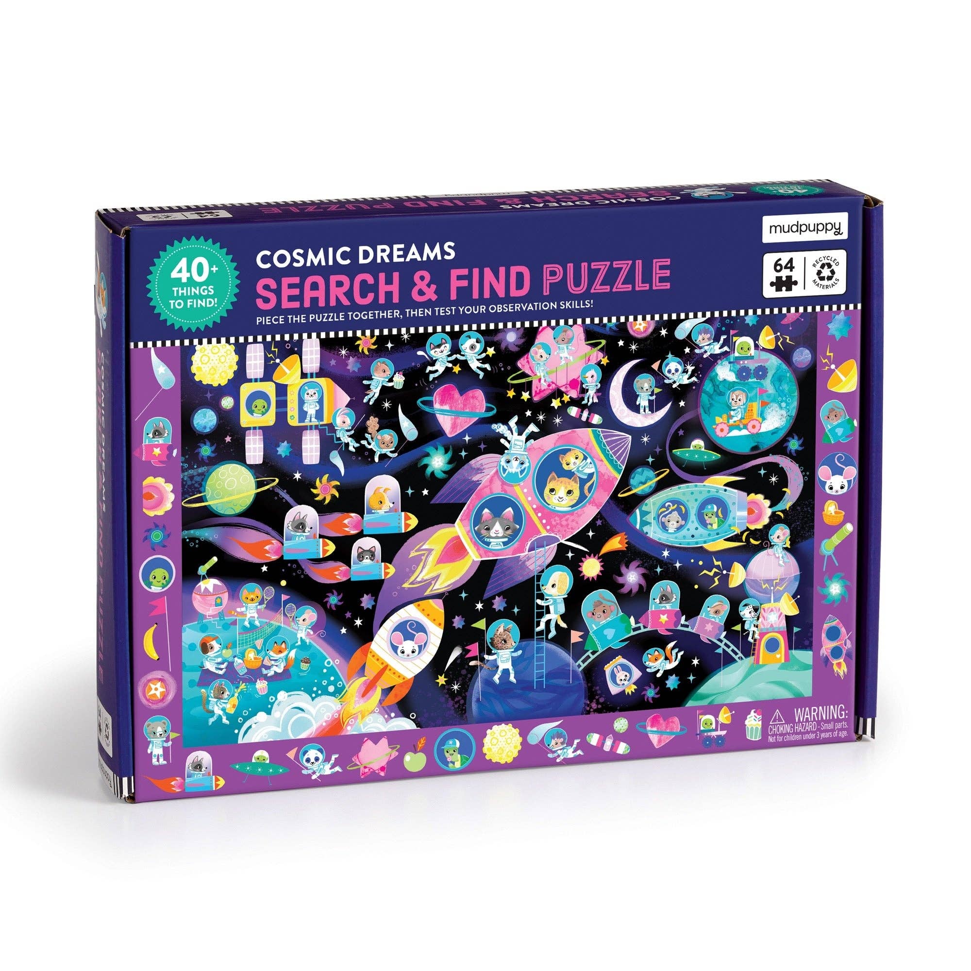 Cosmic Dreams 64 Piece Search & Find Puzzle featuring astronauts, planets, rockets, and a search-and-find activity.