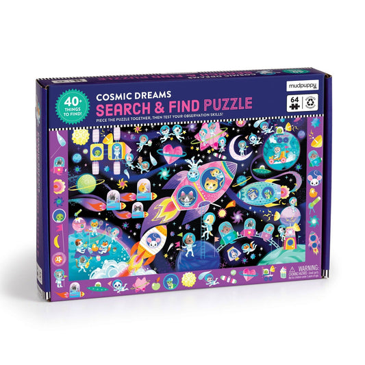 Cosmic Dreams 64 Piece Search & Find Puzzle featuring astronauts, planets, rockets, and a search-and-find activity.