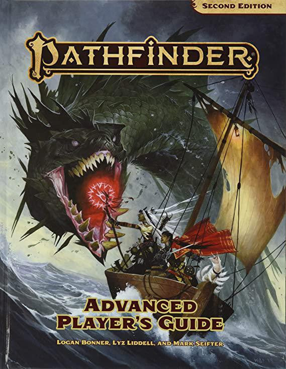 Pathfinder 2nd Edition: Advanced Players Guide cover featuring adventurers fighting a sea monster on a boat.