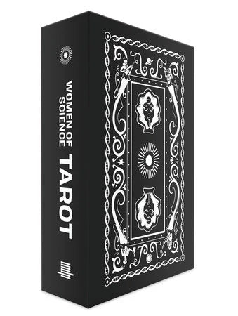 Women of Science Tarot deck in black box with white designs, themed around inspirational women in STEM.