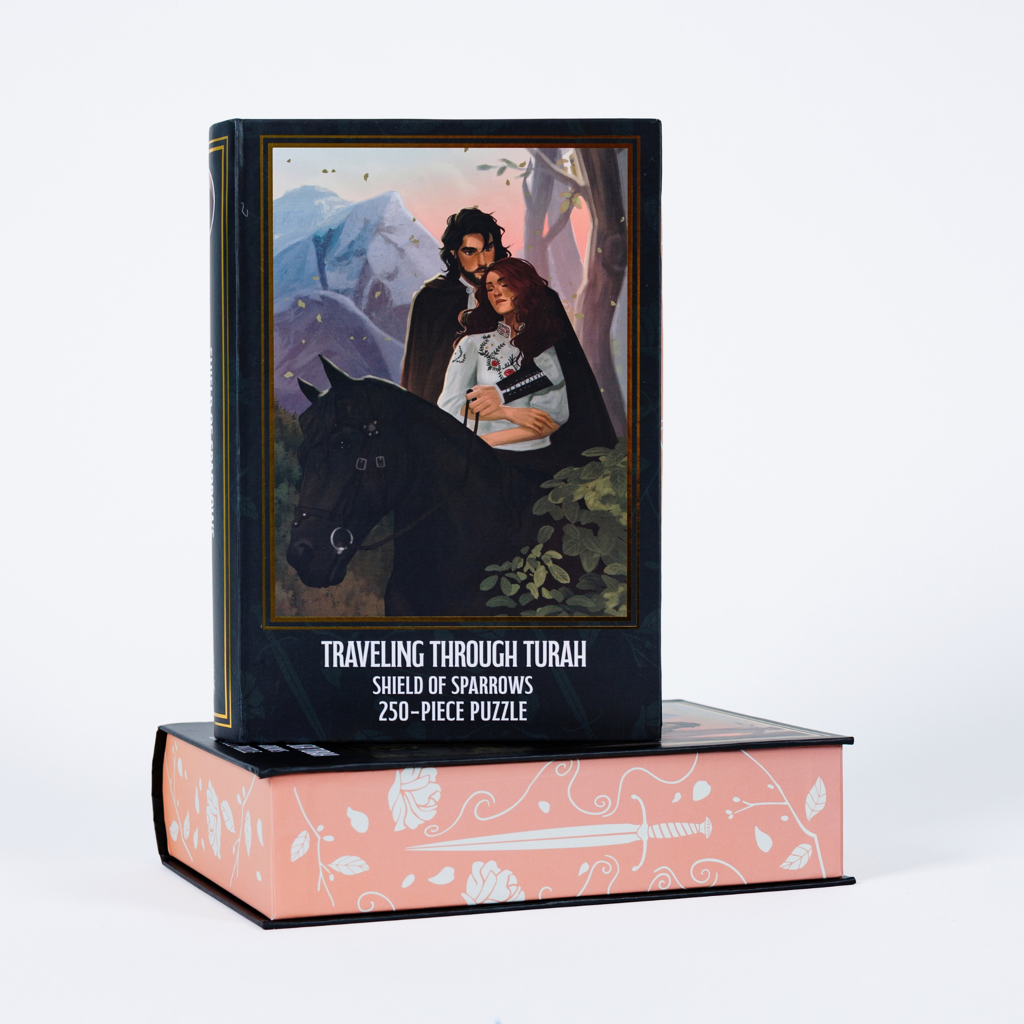 Traveling Through Turah Keepsake Puzzle by Shield of Sparrows in a book-shaped box with floral design.