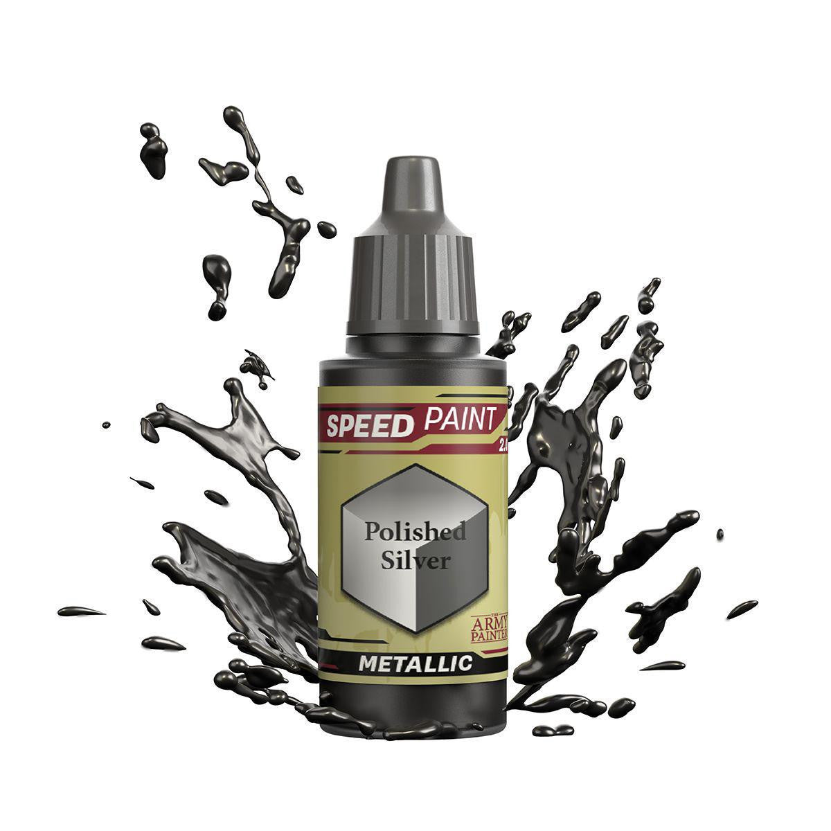 Army Painter Speedpaint, Polished Silver bottle for one-coat silver painting.