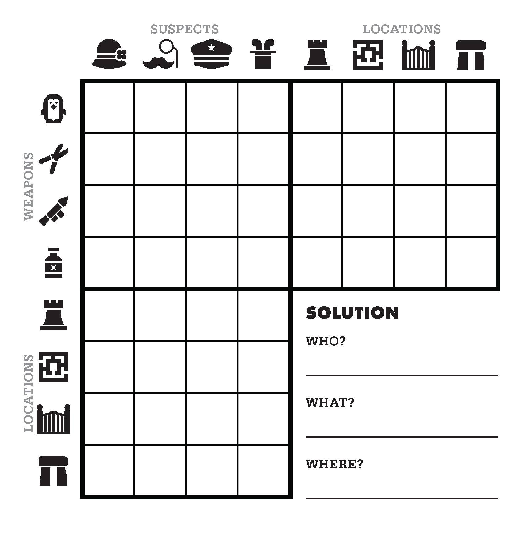 Murdle in the Hedge Maze 500-piece puzzle featuring clue grid with icons and solution lines at lower right.