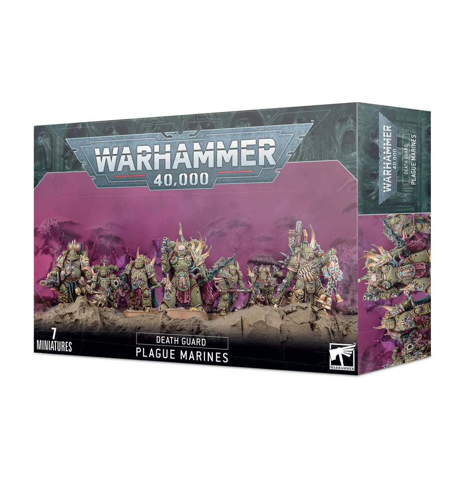 Warhammer 40,000 Death Guard: Plague Marines box with seven painted miniatures on 32mm round bases.