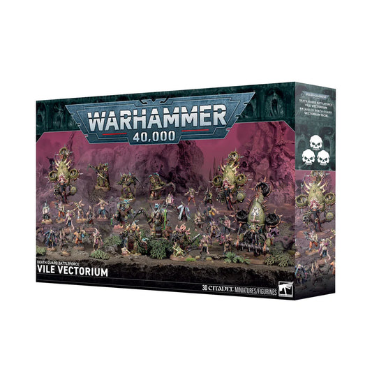 Warhammer 40,000 Death Guard: Vile Vectorium Battleforce box with painted miniatures.