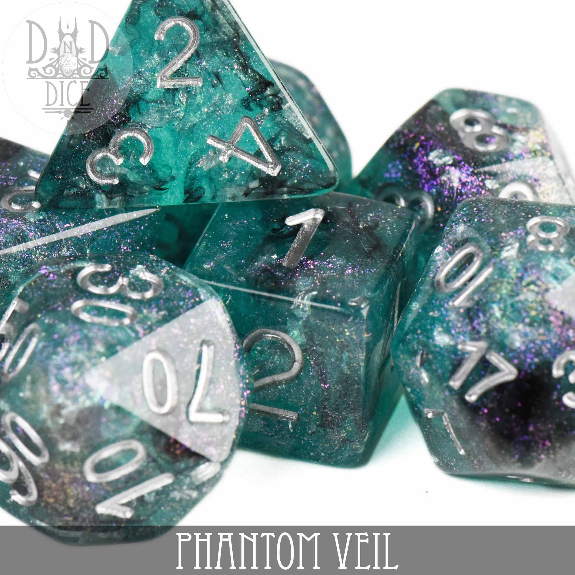 Phantom Veil dice set, teal and black resin with silver numbers.
