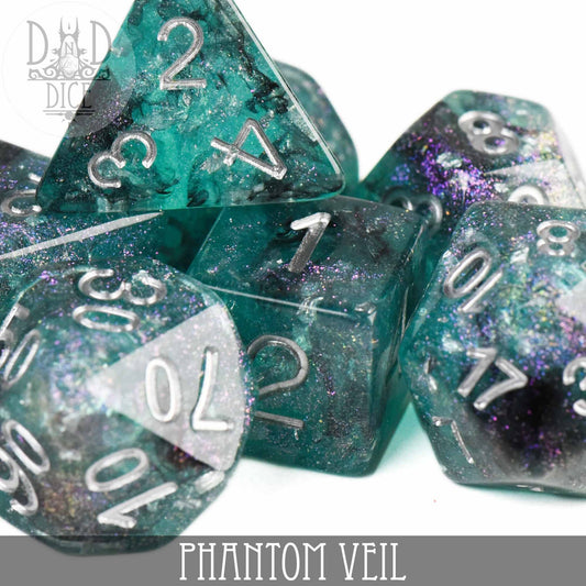 Phantom Veil dice set, teal and black resin with silver numbers.