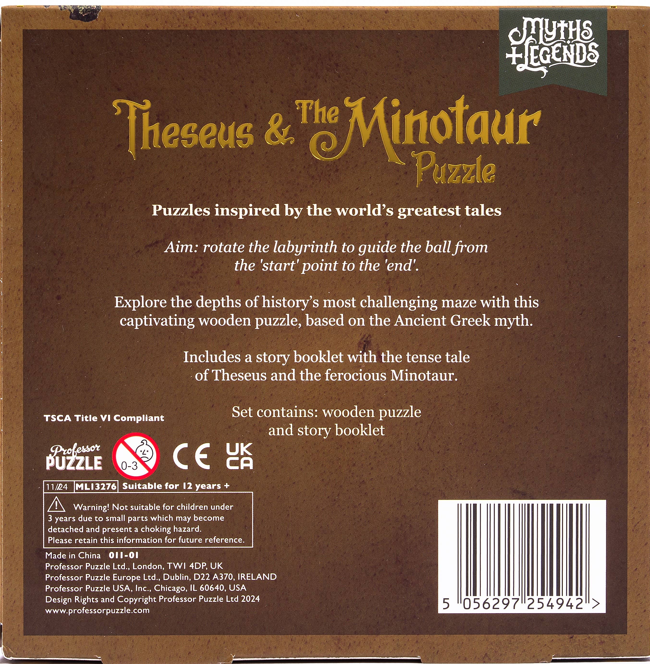 Back of Theseus and the Minotaur puzzle box with game description, age rating, safety warnings, and barcode.
