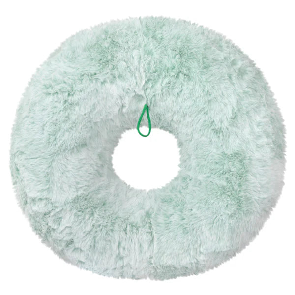 Squishable Flocked Wreath, light green fuzzy donut-shaped pillow with hanging loop.