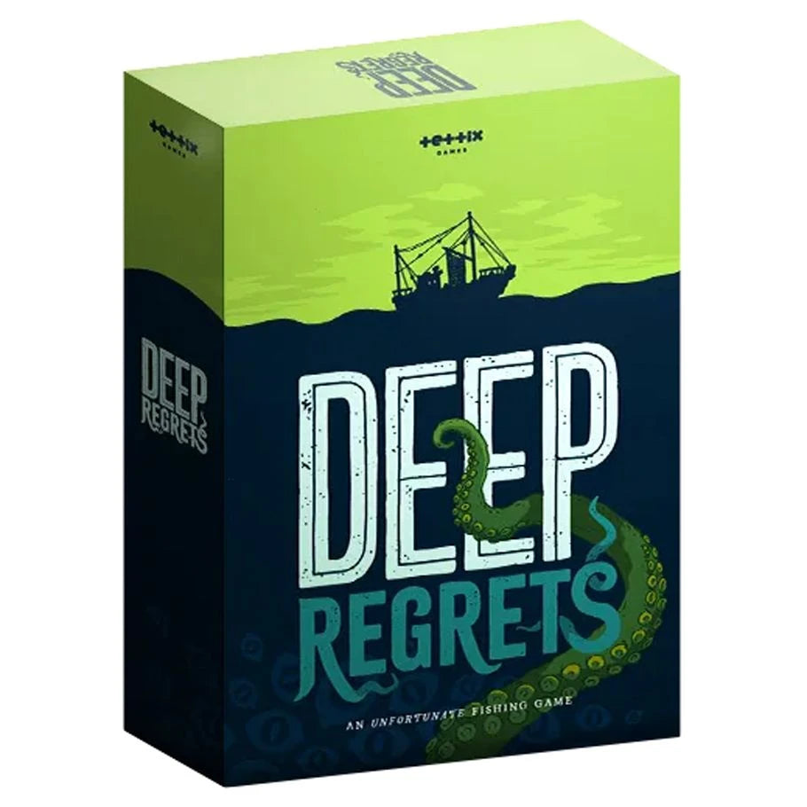 Deep Regrets board game box featuring a fishing boat and green tentacles in dark water.