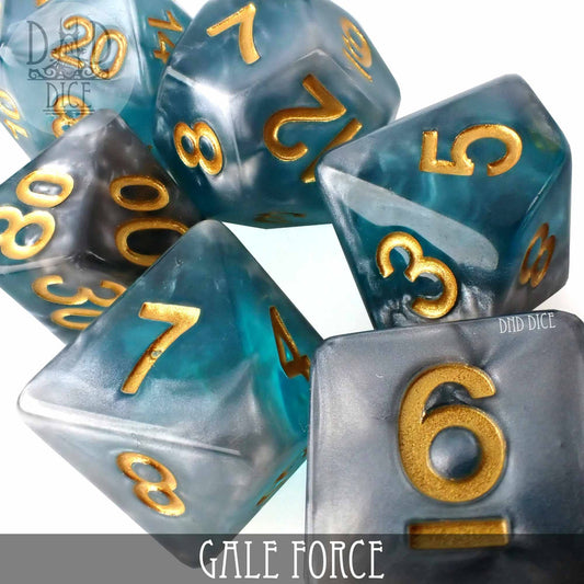 Gale Force 7-dice polyhedral set in blue and gray with gold numbers.