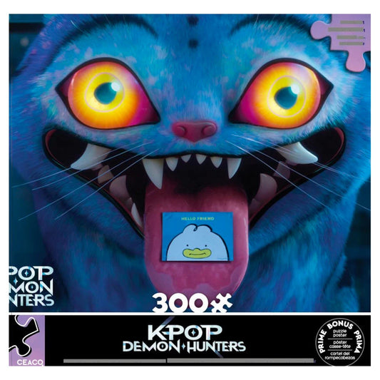 K Pop Demon Hunters puzzle, 300 oversized pieces, featuring a wide-eyed blue cat with a blue sticker on its tongue.