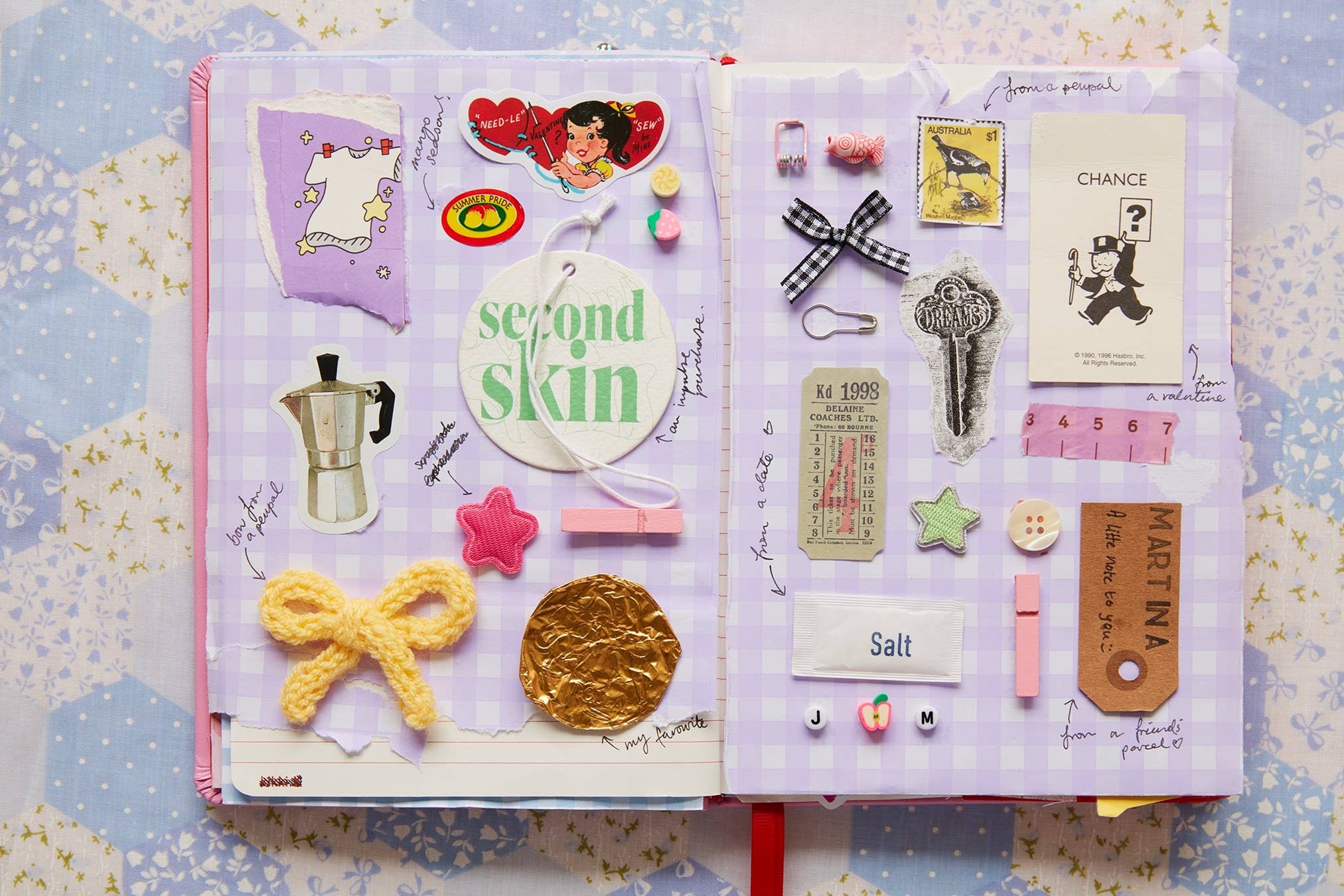 A Year of Junk Journaling open journal with charms, tickets, and decorations on checkered scrapbook pages.