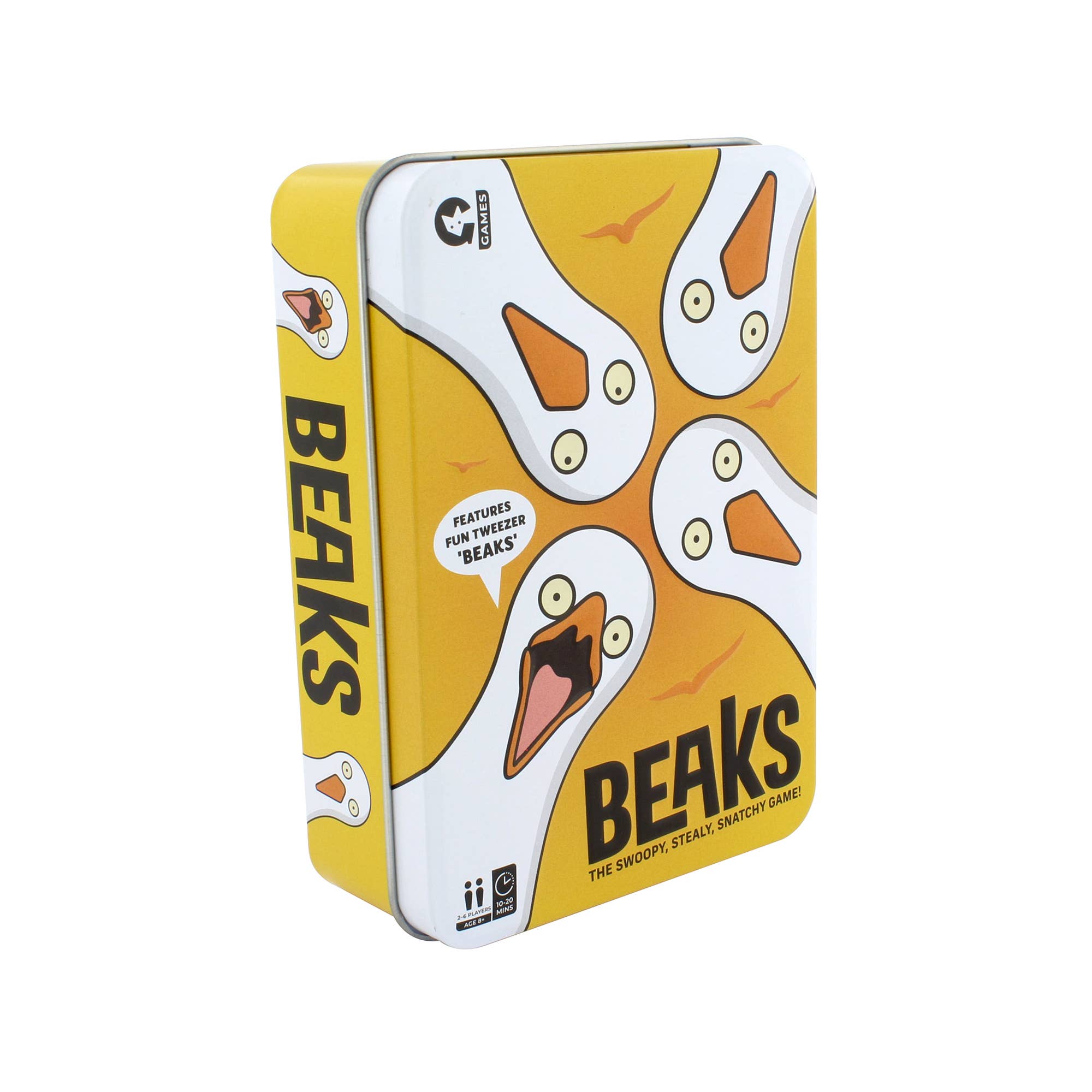 Beaks dexterity game in a rectangular yellow tin.