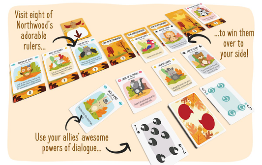 For Northwood solo trick-taking card game featuring animal rulers, dialogue cards, colorful art, and instructions.
