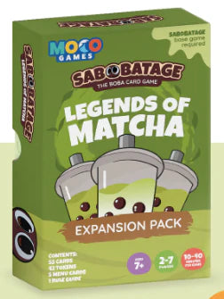 Sabobatage: Legends of Matcha Expansion Pack game box featuring three matcha bubble tea cups.