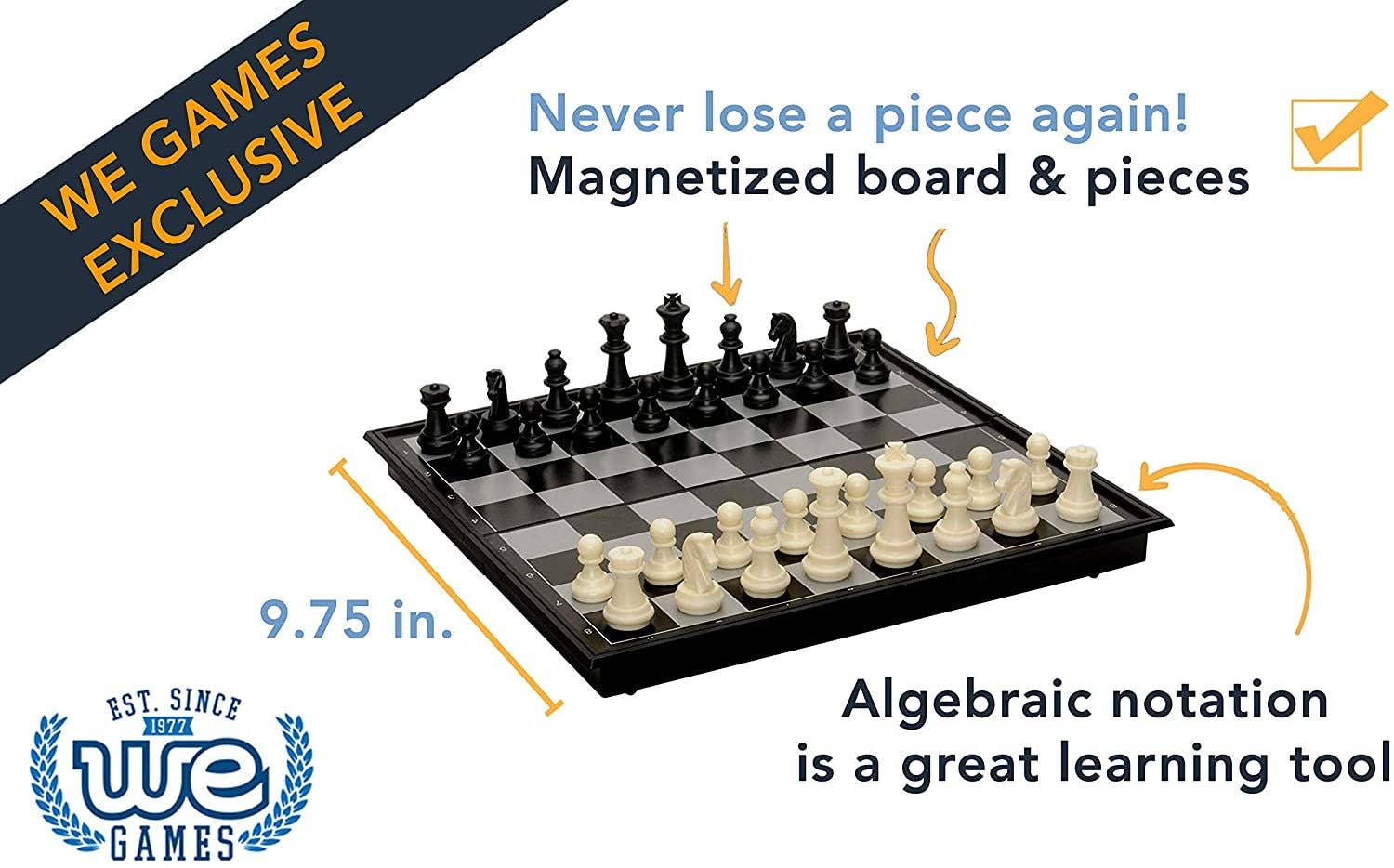 Magnetic chess set, 10 inches, with black and white pieces designed for portability and learning.