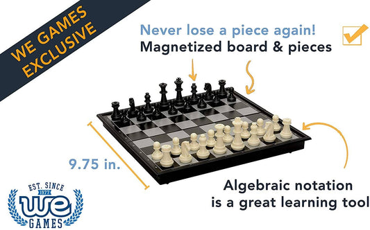 Magnetic chess set, 10 inches, with black and white pieces designed for portability and learning.