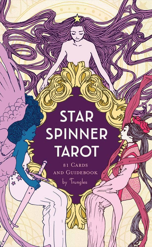 Star Spinner Tarot card deck with illustrated box featuring three mystical figures and a gold frame.