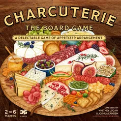 Charcuterie: The Board Game box featuring a round wooden board with assorted cheeses, meats, and fruits.