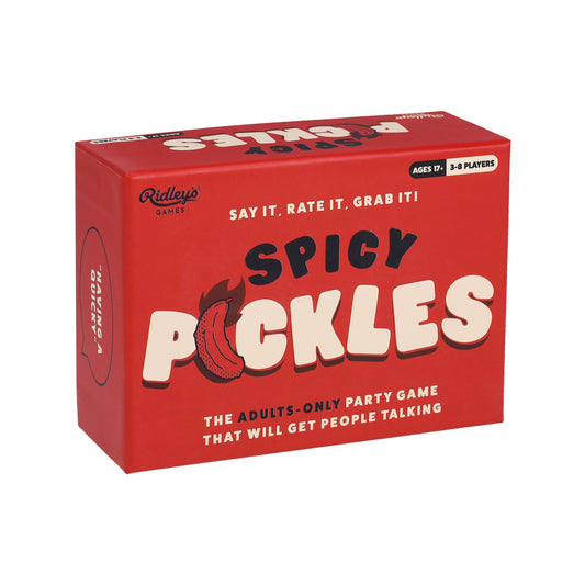 Spicy Pickles party game in red box with bold text and cartoon pepper on packaging.
