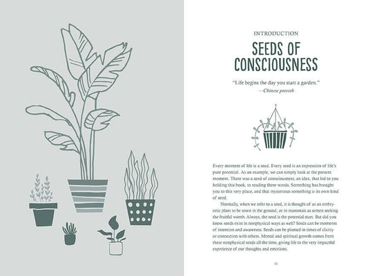 Growing Consciousness book cover with potted plants and title text.