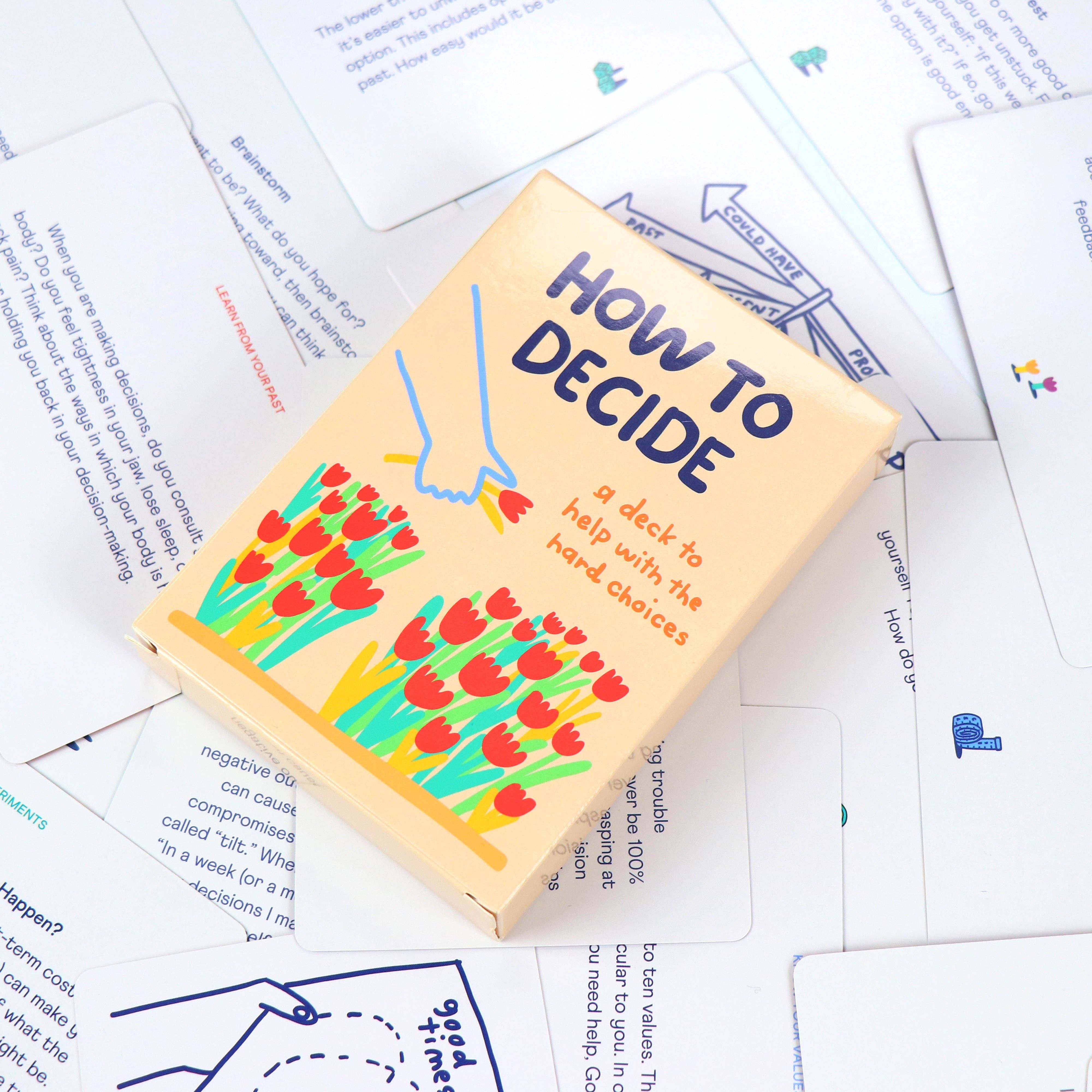 How To Decide Deck, a decision-making card deck inspired by Annie Duke with tulip design.
