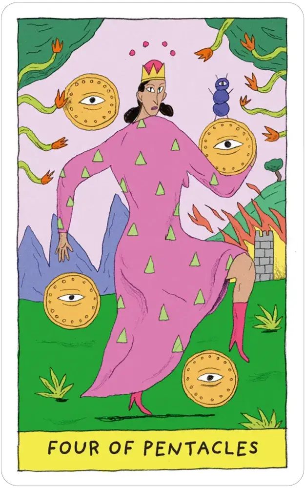 Whimsical Witch Tarot in a Tin with crowned pink figure juggling pentacles and floating blue caterpillar on cover.