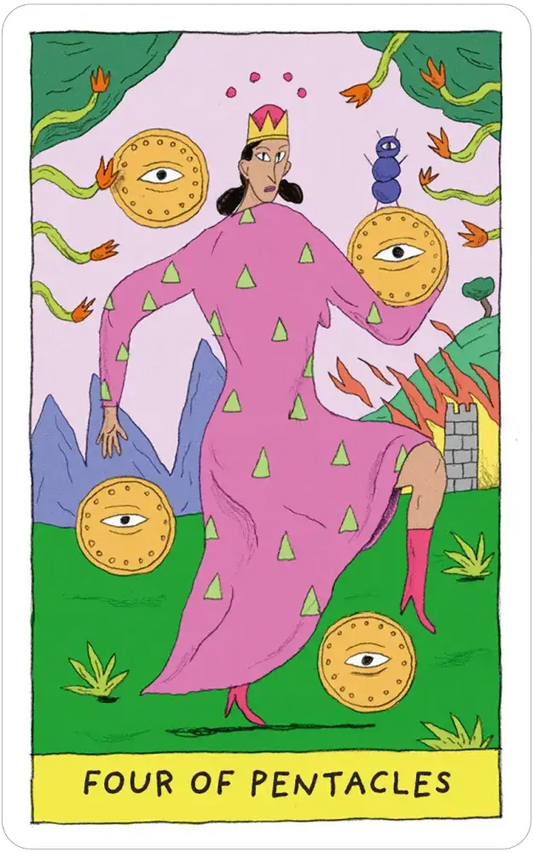 Whimsical Witch Tarot in a Tin with crowned pink figure juggling pentacles and floating blue caterpillar on cover.