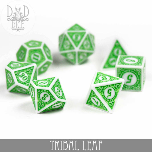 Set of six green and white acrylic TRIBAL LEAF dice with ornate leaf patterns.