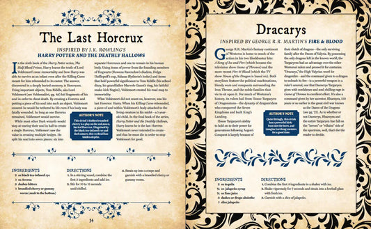 “Drinking with Wizards, Warriors and Dragons” features two vintage recipe pages with ornate borders and fantasy-themed drinks.
