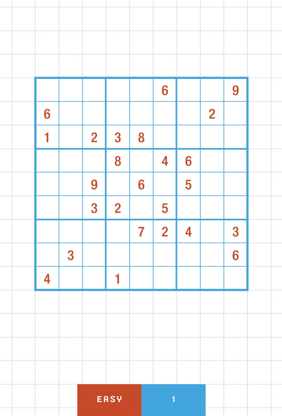 Sudoku puzzle, easy to medium difficulty, blue grid lines, some red numbers, partially filled.