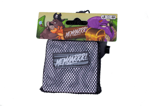 Mesh pouch labeled Memoarr for Memoarr Beach Edition memory game, shown with pirate-themed packaging.