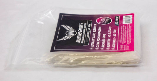 50-pack of Small Square Card Sleeves (70 x 70 mm) in a resealable bag.