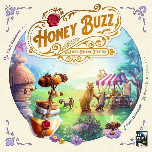 Honey Buzz game cover featuring animals at a honey stand, jars of honey, a large bee, and worker bee placement.