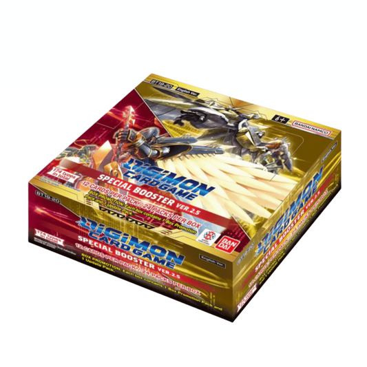Digimon Special Booster Version 2.5 (BT19-20) display with Tamers ACE cards shown on red and gold packaging.
