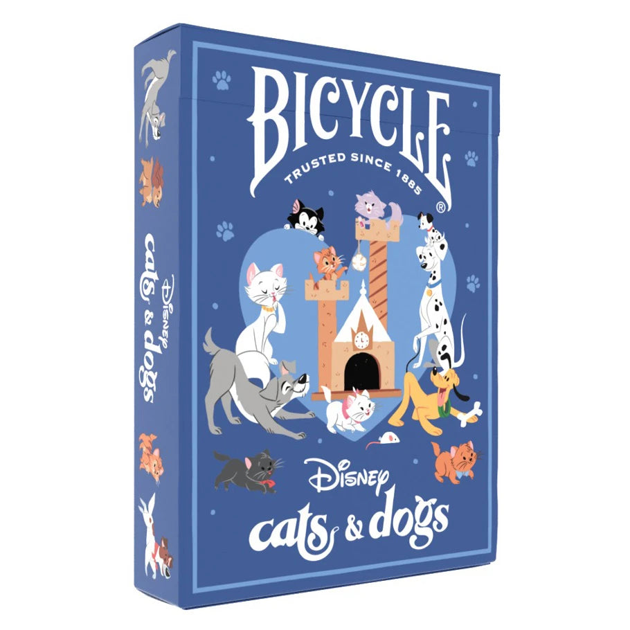 Bicycle Disney Cats and Dogs playing cards, box features cats, dogs, castle, and paw prints.