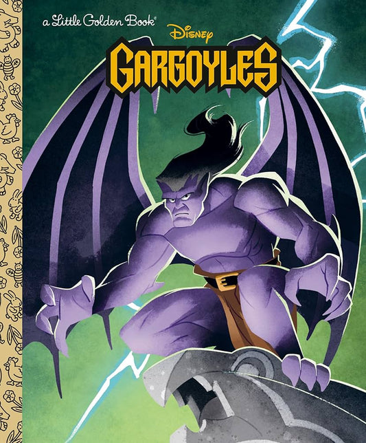 Disney Gargoyles Little Golden Book featuring a winged purple gargoyle crouching on stone with lightning in the background.