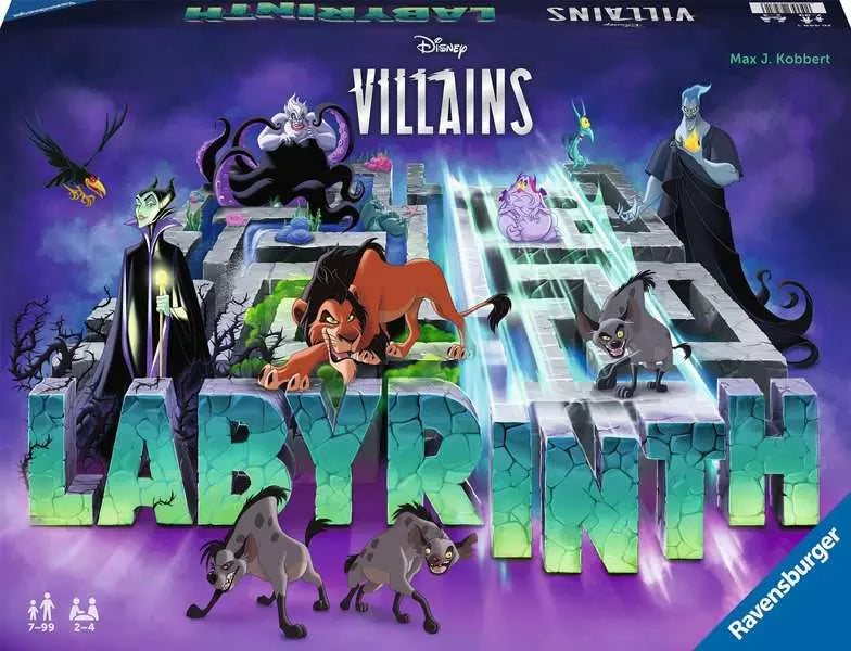 Disney Villains Labyrinth board game box with Maleficent, Ursula, Scar, and Hades on the cover.